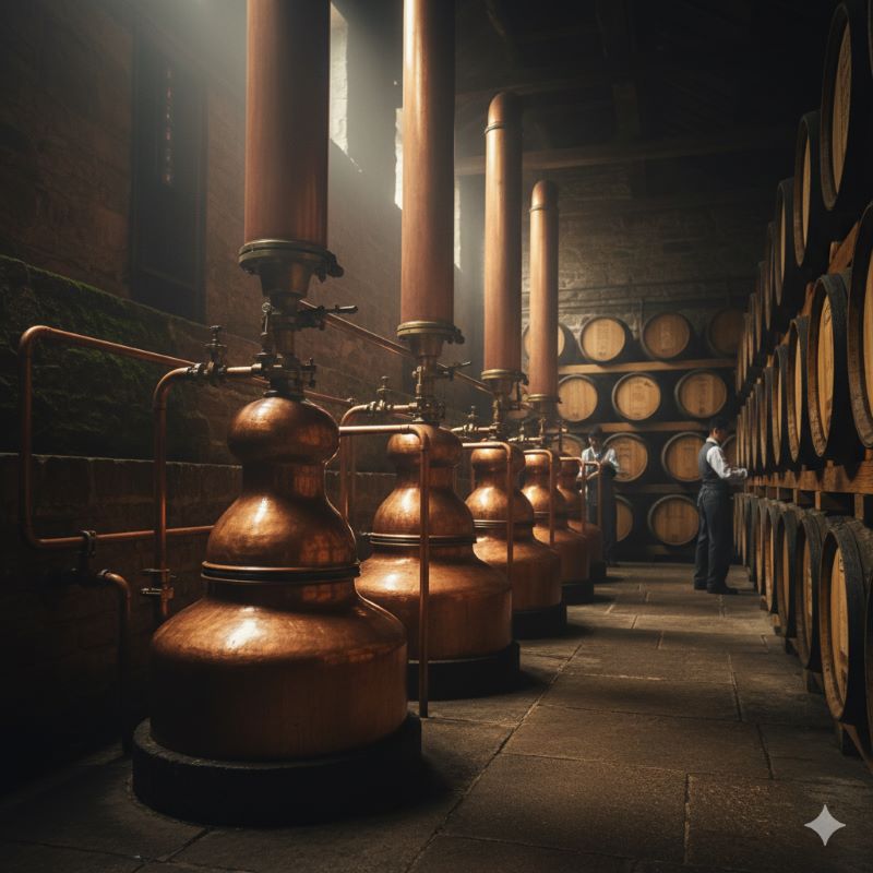 マッカランの濃厚な味わいを生み出す、スペイサイドで最小と言われる伝統的な小型の銅製ポットスチル（蒸留釜）