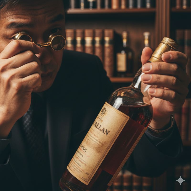 ヴィンテージウイスキーのボトルをルーペで鑑定し、液面や状態を入念にチェックしている日本人専門家の手元