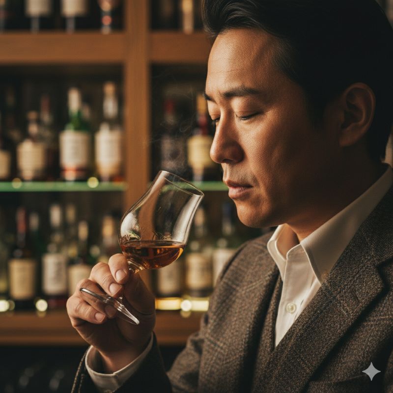 チューリップ型のテイスティンググラスに注がれたウイスキーの香りを、目を閉じて楽しんでいる日本人の横顔