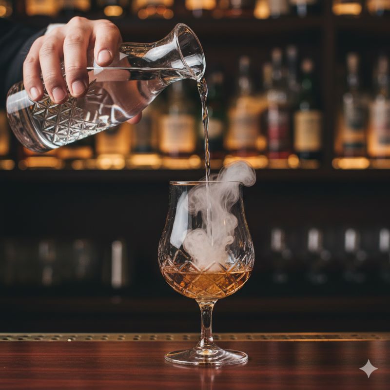 チューリップ型のテイスティンググラスに注がれたウイスキーの香りを、目を閉じて楽しんでいる日本人の横顔