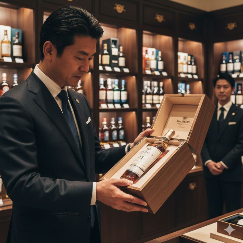 高級リカーショップで、贈答用のウイスキーが入った木箱を慎重に選んでいる日本人の様子