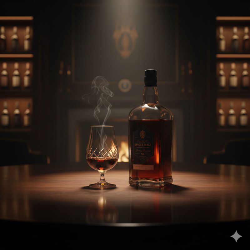 重厚なマホガニーのテーブルに置かれたウイスキーグラスとボトルのシルエット、最高級の体験を象徴する静謐な雰囲気