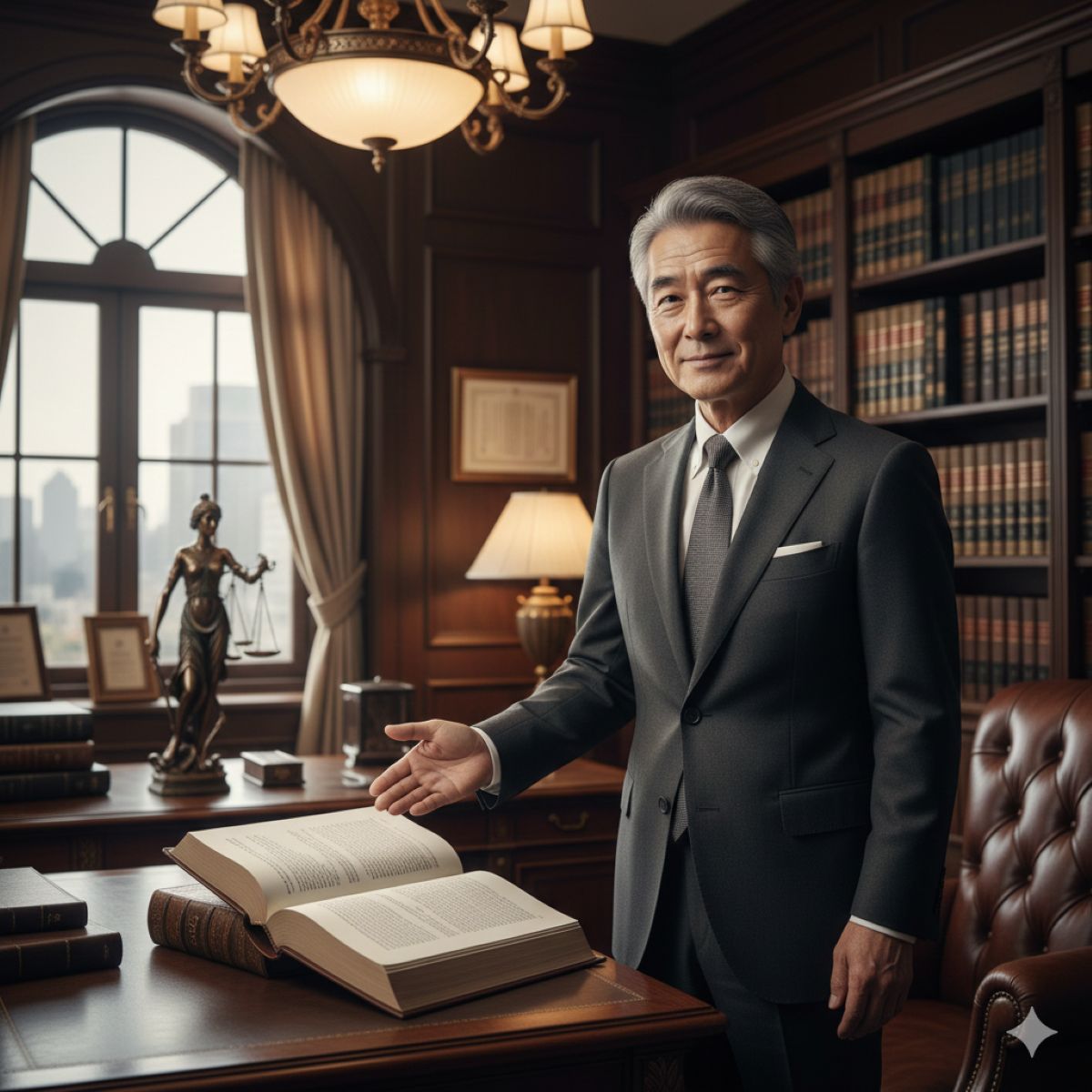 重厚な法律事務所で、穏やかな笑顔を浮かべながらプライバシーポリシーについて丁寧に説明している60代の日本人男性弁護士の様子