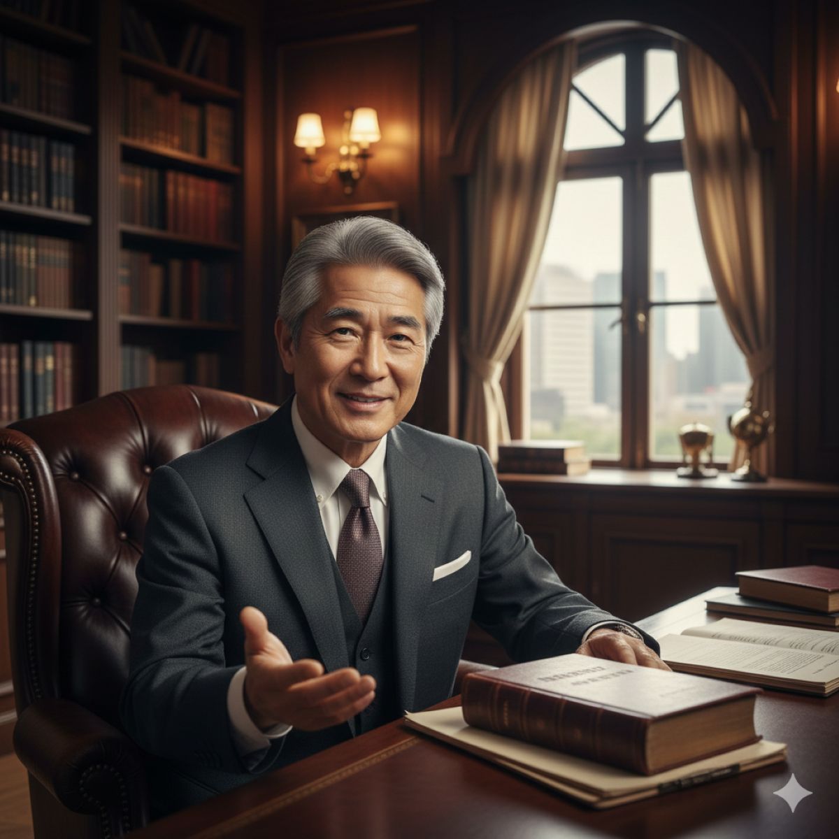 重厚な法律事務所の椅子に座り、穏やかな笑顔で免責事項について誠実に説明している60代の日本人男性弁護士のイメージ