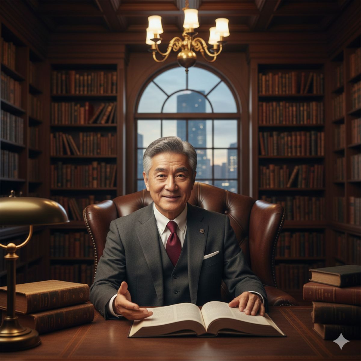 重厚な法律事務所で、特定商取引法に基づく表記について穏やかな笑顔で説明する60代の日本人男性弁護士のイメージ