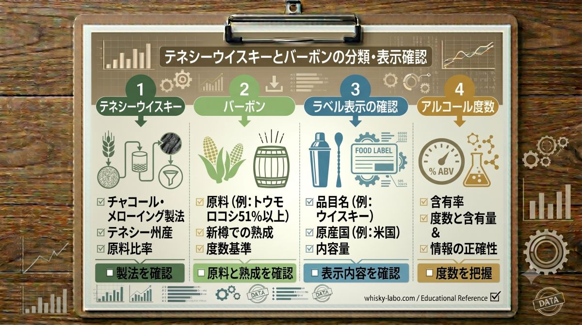 ジャックダニエルの分類、バーボンとの違い、テネシーウイスキー表示、アルコール度数を確認する資料風イメージ