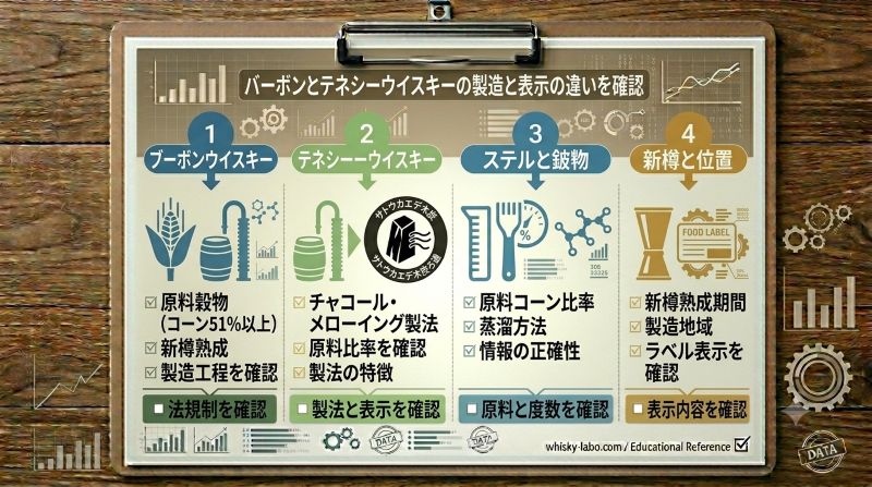 バーボンとテネシーウイスキーの違いを原料、熟成樽、製造地域、木炭ろ過で比較する資料風イメージ