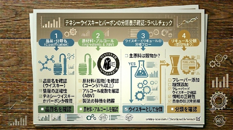ジャックダニエル関連商品の分類名、アルコール分、容量、原材料、輸入者表示を確認するチェックリスト風イメージ