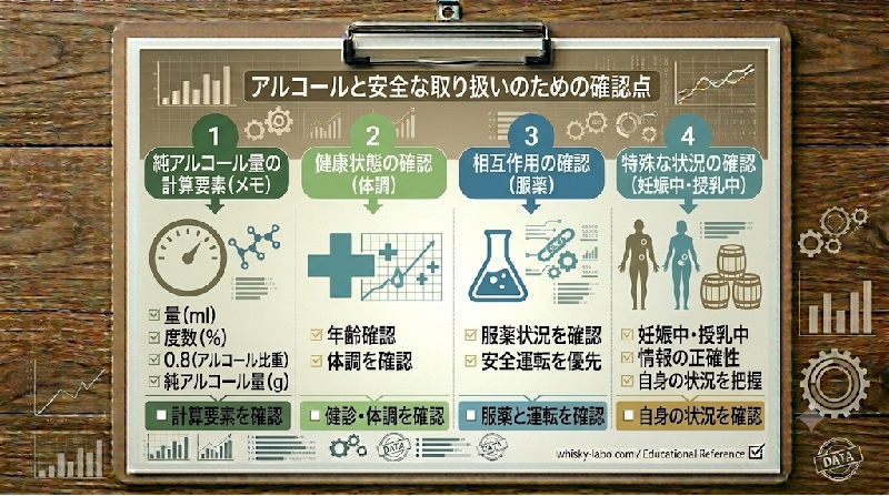 ウイスキーの量、アルコール度数、純アルコール量、年齢確認、体調、運転予定を確認する安全確認資料風イメージ