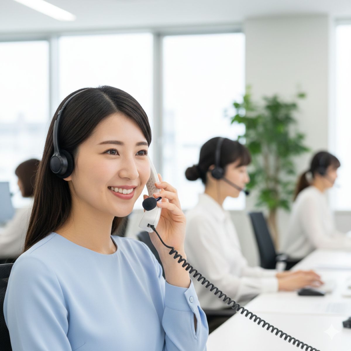 明るいオフィスでヘッドセットを装着し、笑顔で電話応対を行う20代の日本人女性オペレーター