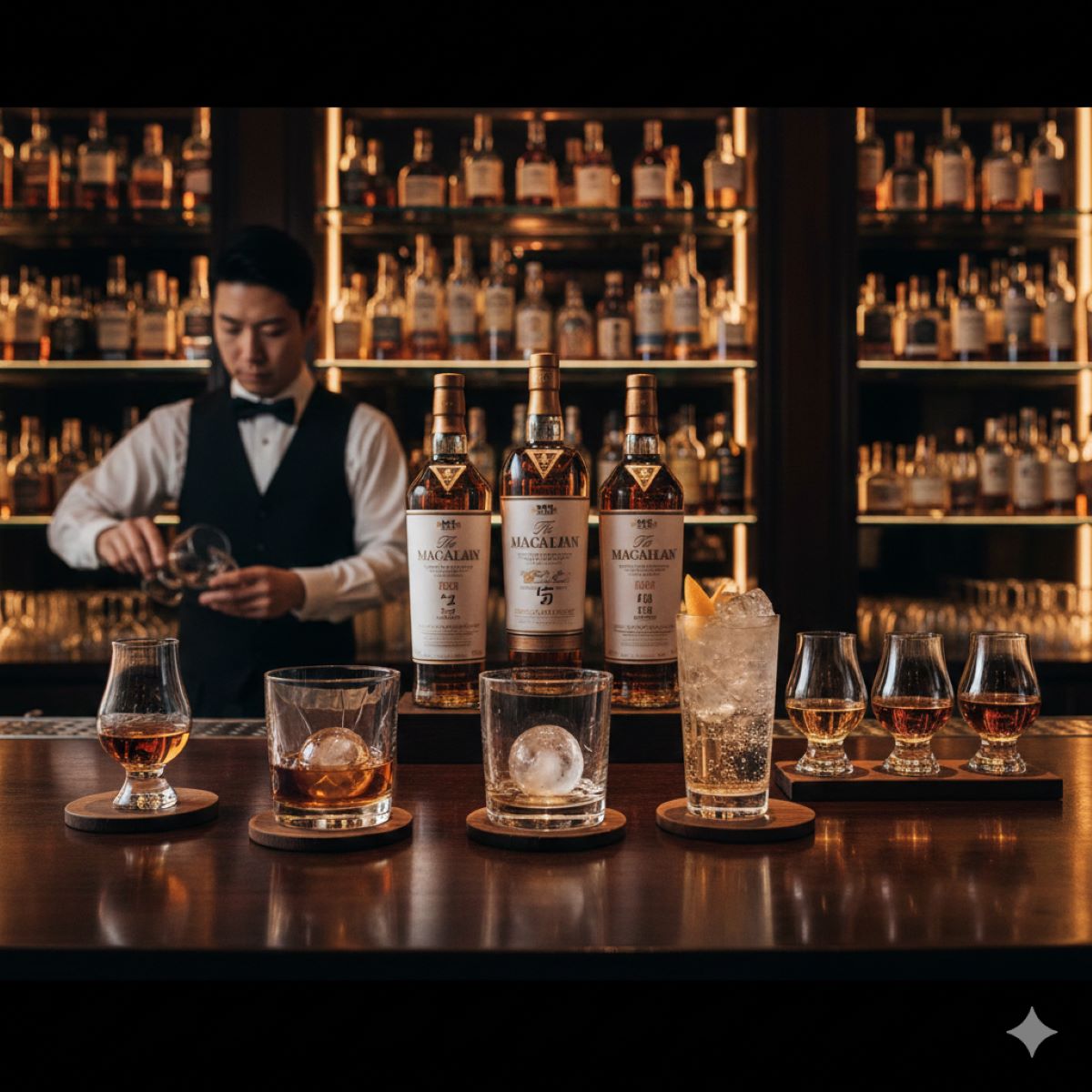高級感のあるウイスキーボトルと、ロックやハイボールなど様々な飲み方のグラスが並ぶ魅力的なバーカウンターの風景