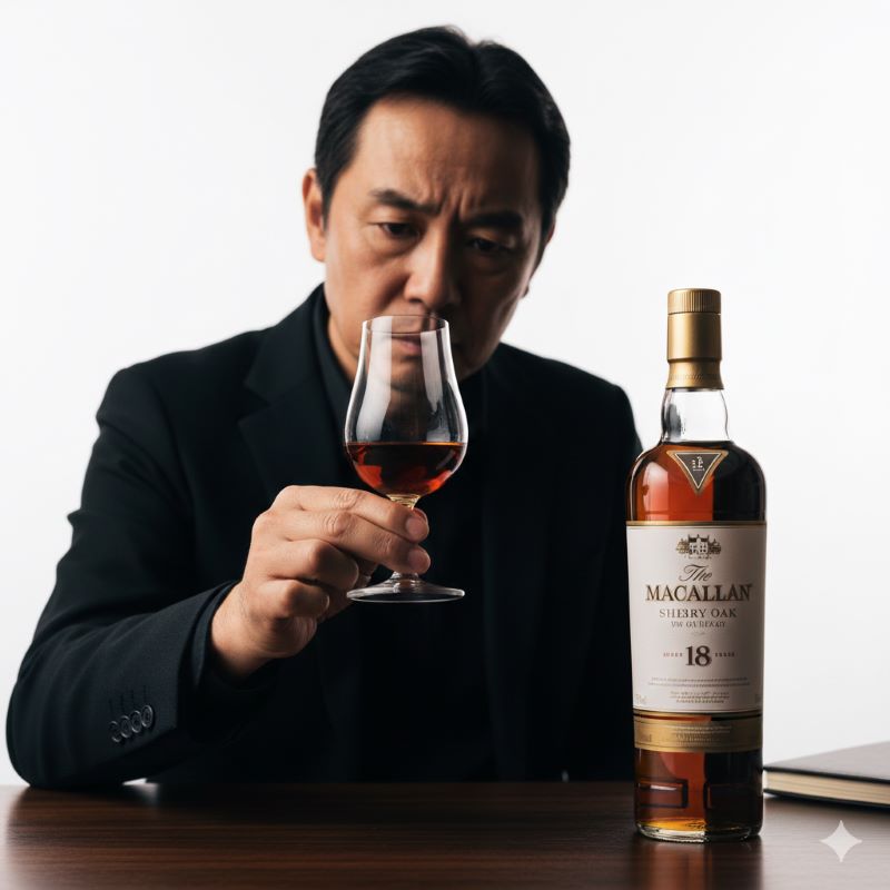 シェリー樽熟成由来の濃い琥珀色を確認しながらテイスティングする様子