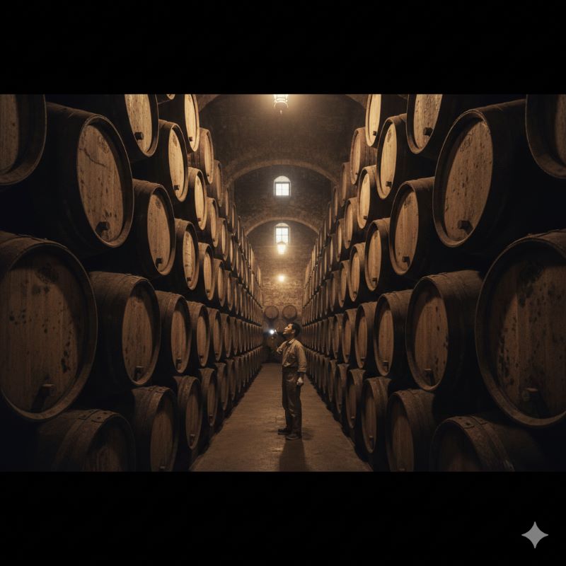 長い年月をかけて熟成される貯蔵庫に並ぶスパニッシュオークのシェリー樽