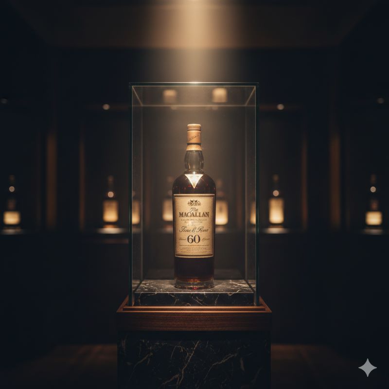 ガラスケースに厳重に展示された最高級の長期熟成ウイスキーボトルとスポットライト