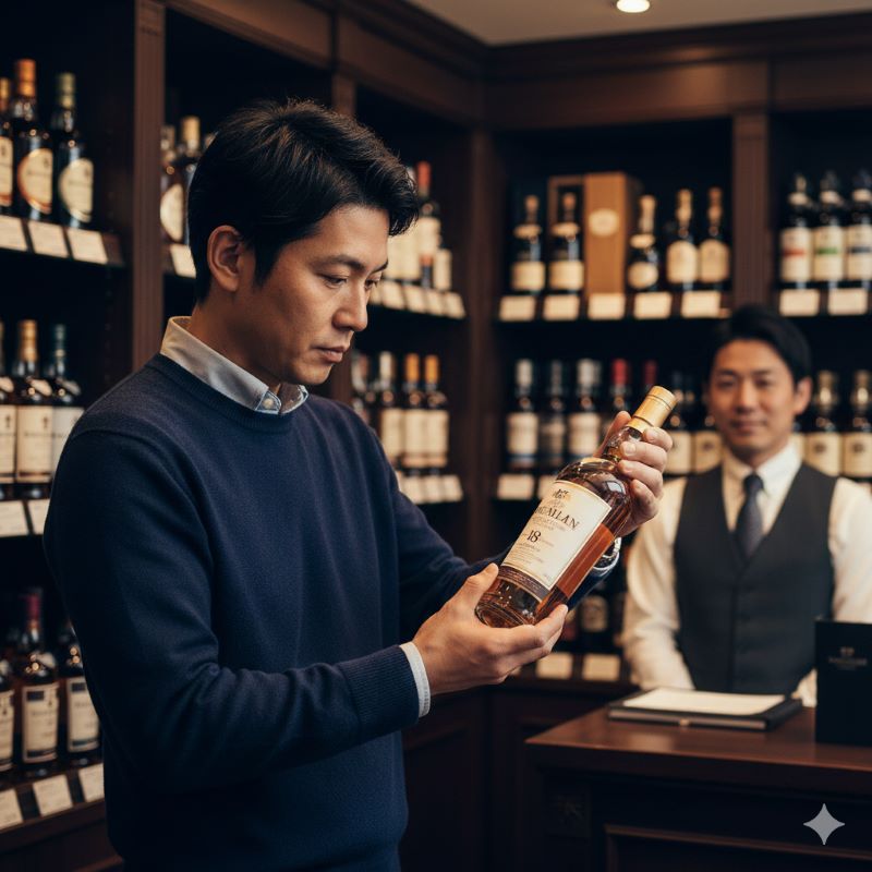 ワインショップでウイスキーのボトルを手に取りラベルや状態を真剣に確認する日本人男性