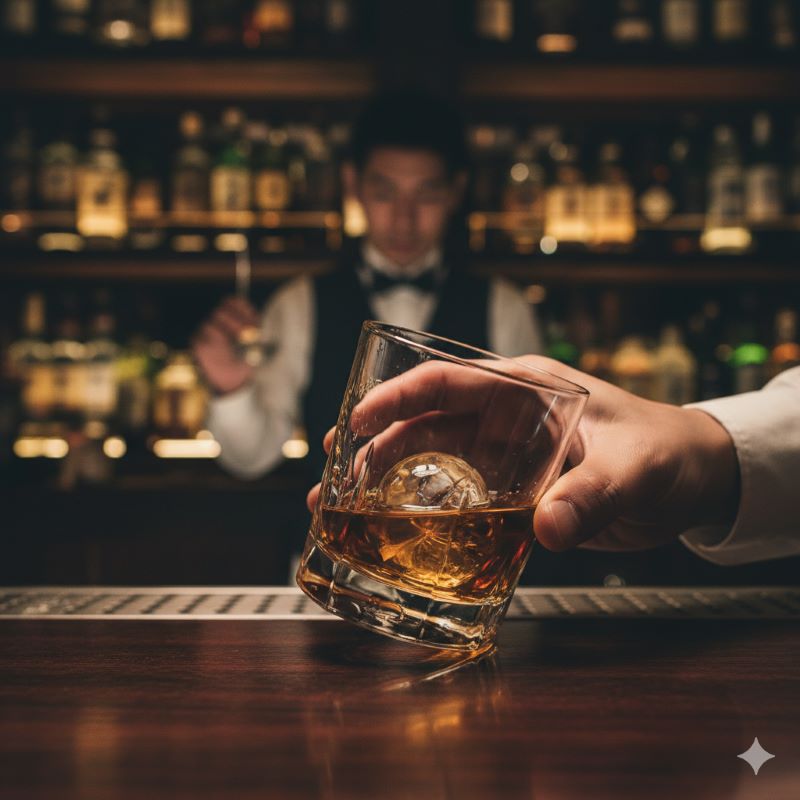 落ち着いた照明のオーセンティックバーのカウンターでウイスキーのロックグラスを傾ける手元