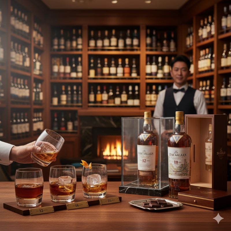 熟成年数の違いによる色の濃淡を比較するために並べられた3つのウイスキーグラス