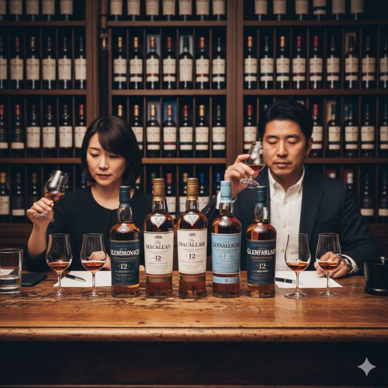 複数のシェリー樽熟成ウイスキーを並べて香りを比較テイスティングしている日本人の様子