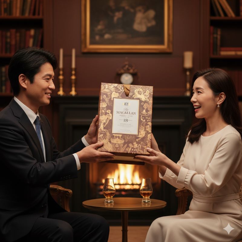 大切な人への贈り物として高級なウイスキーのギフトボックスを手渡す日本人の様子