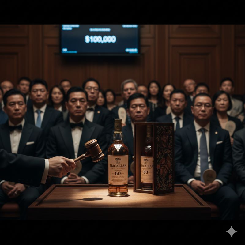 億単位の価格がつく希少なウイスキーが競売にかけられているオークション会場の木槌とボトル