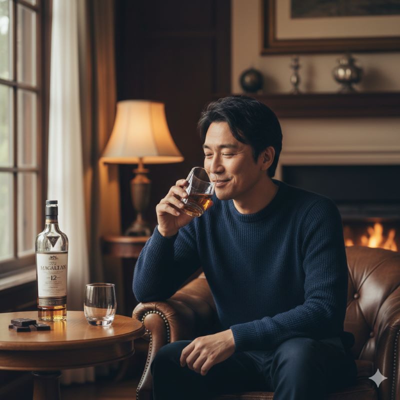 自分にぴったりのウイスキーを見つけ満足げにグラスを傾ける日本人のリラックスした笑顔