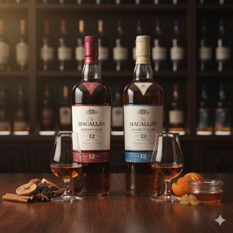 マッカランのシェリーオークとダブルカスクのボトルが並び種類の違いを比較する様子