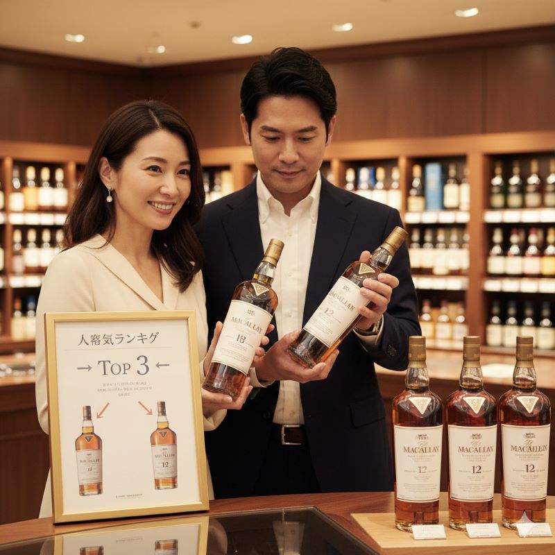 人気ランキング上位のマッカランボトルを手に取り笑顔で選んでいる日本人の様子