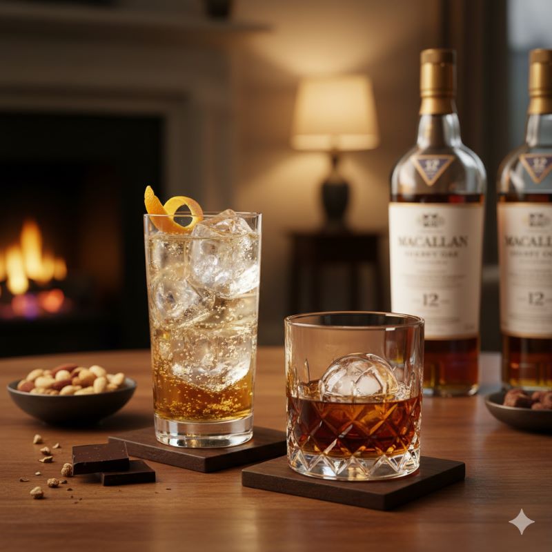 美味しそうに作られたマッカランのハイボールとロックグラスが並ぶテーブルの風景