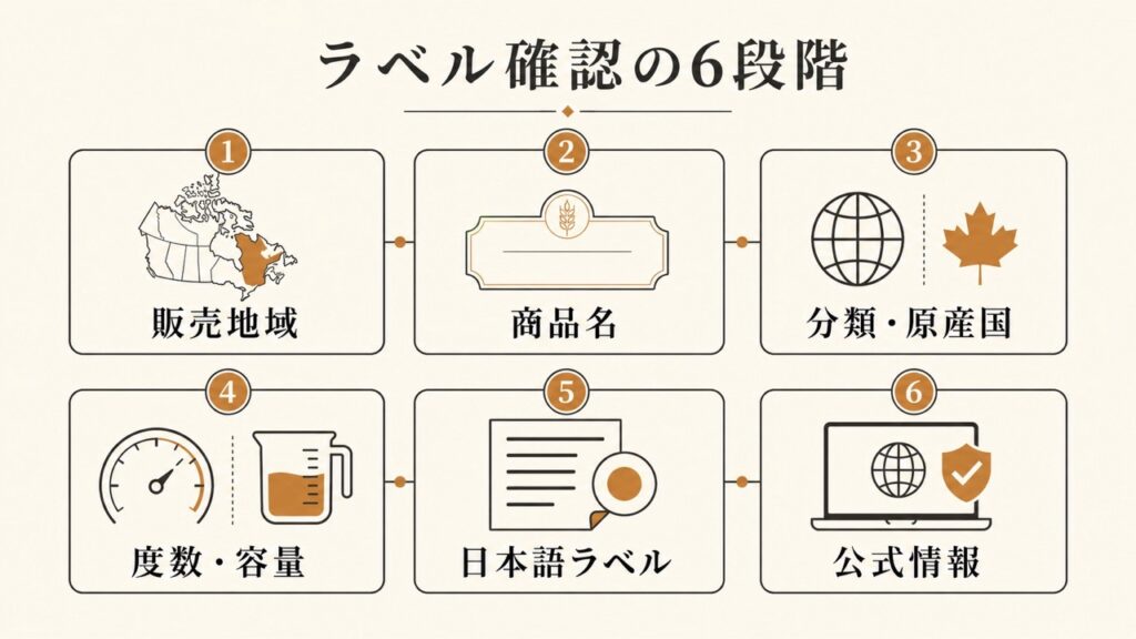販売地域・商品名・分類・度数・日本語ラベル・公式情報を確認する6段階の図