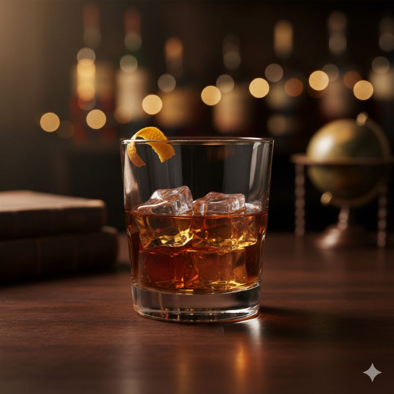 カナディアンクラブ12年の濃厚な褐色が際立つ、落ち着いた空間でのウイスキーグラス。