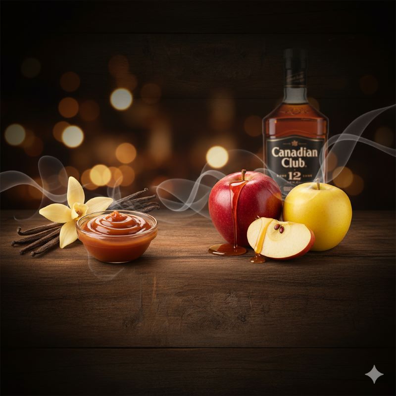 カナディアンクラブ12年の香りを象徴するバニラ、キャラメル、完熟リンゴのイメージ。