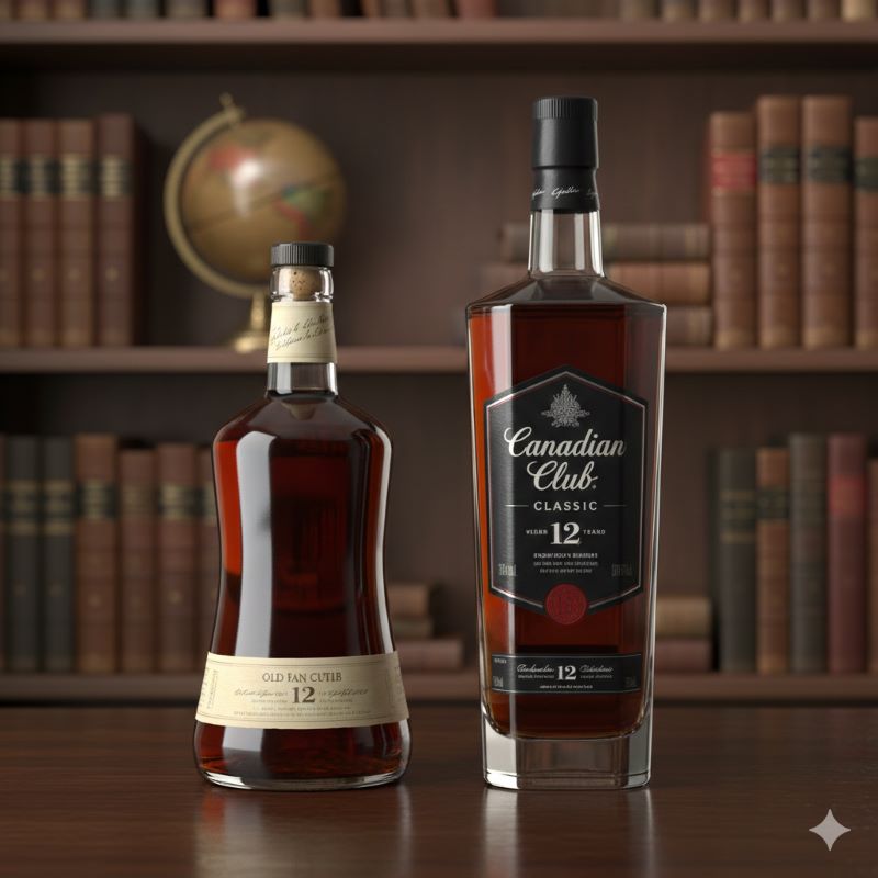 ウイスキーの新旧ボトルデザインを比較するための、スタイリッシュなボトルの並び。