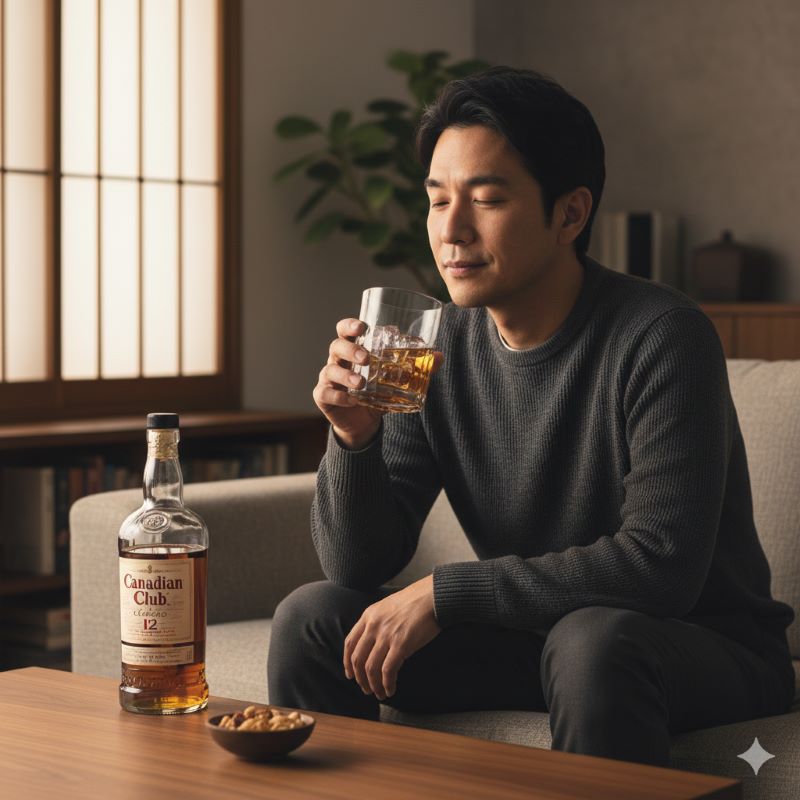 自宅でリラックスしながらカナディアンクラブ12年を味わう日本人の男性。