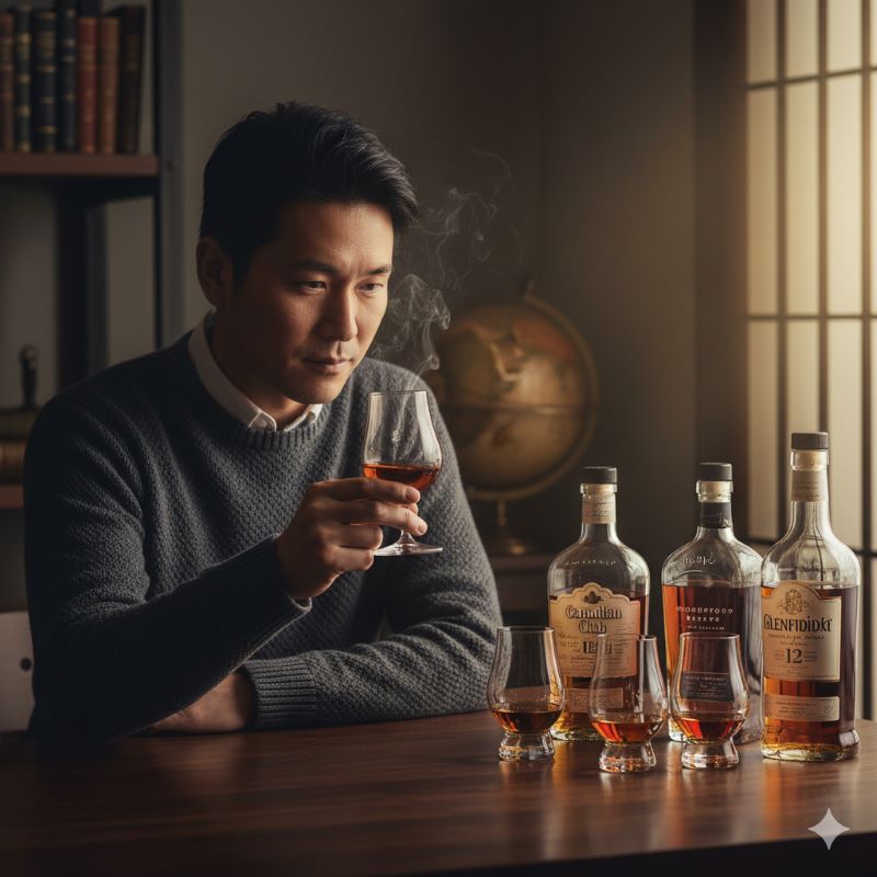 ウイスキーの個性の違いを確かめるように、グラスを眺めながら静かに吟味する日本人の男性。