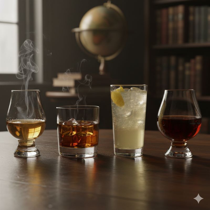 色合いや香りの違いを比較するために並べられた、琥珀色の液体が美しい複数のウイスキーグラス。