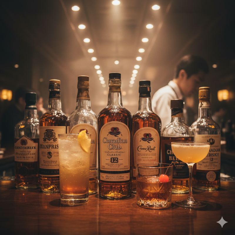 カナディアンウイスキーらしい軽やかさと華やかさを演出する、バーカウンターに並ぶ多様なボトルとカクテル。
