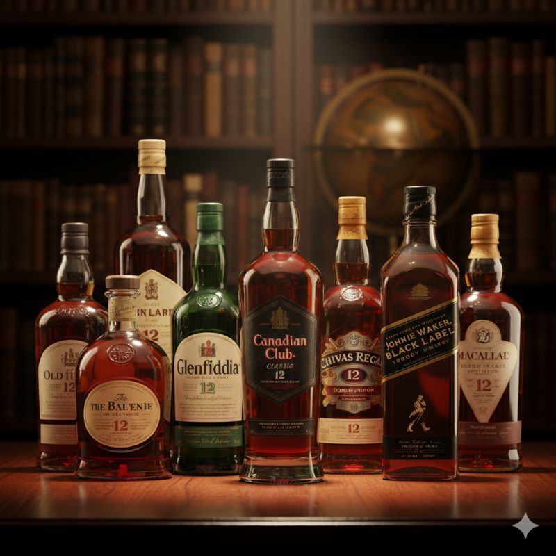 世界各国の12年熟成ウイスキーの個性を象徴する、形状の異なるプレミアムなボトルのコレクション。