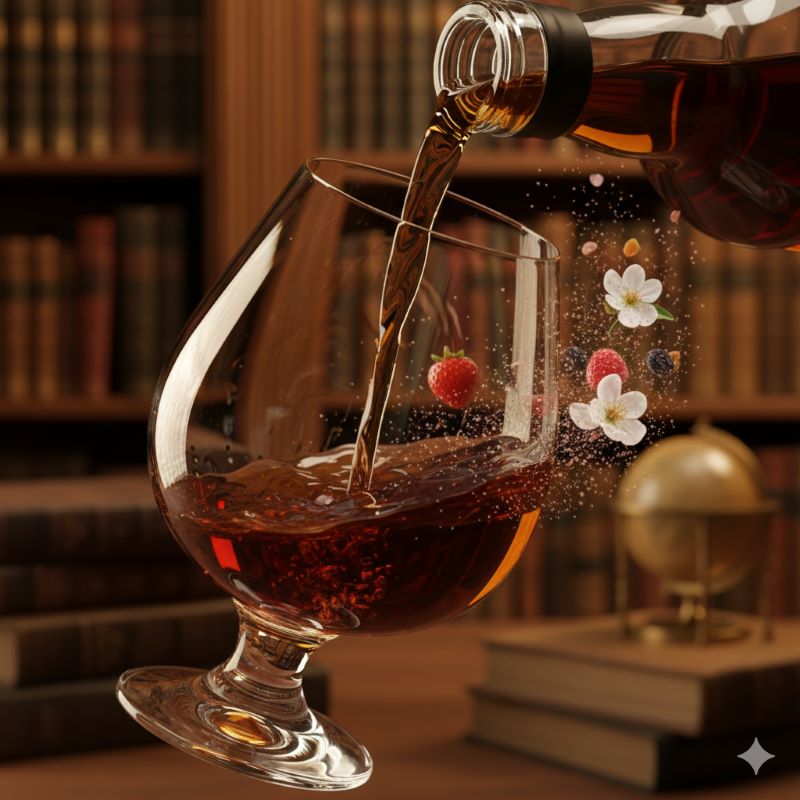長期熟成による濃密な果実の香りとシルクのような質感を表現した、クリスタルグラスに注がれる濃い琥珀色の原酒。