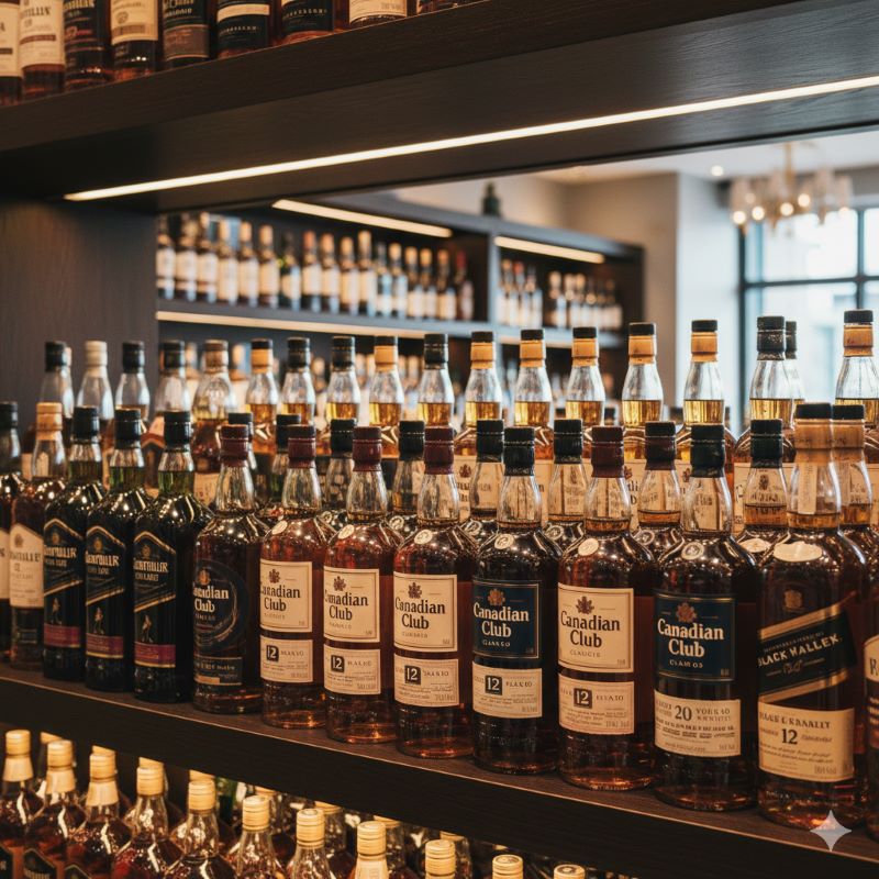 豊富な在庫が並ぶ高級感のある酒店の棚。安定した供給とコレクションの魅力を伝える風景。