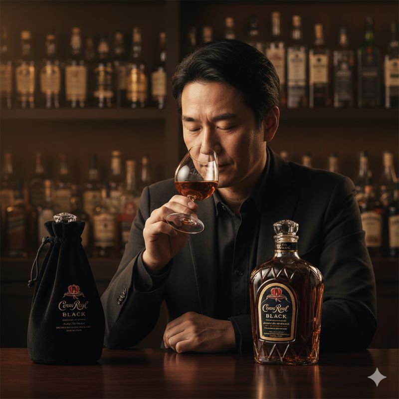 クラウンローヤル ブラックの深い味わいと香りをテイスティングする日本人の男性