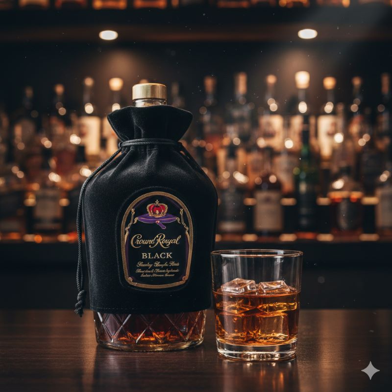 黒い巾着袋とクリスタルグラスに注がれた深い琥珀色のクラウンローヤル ブラック