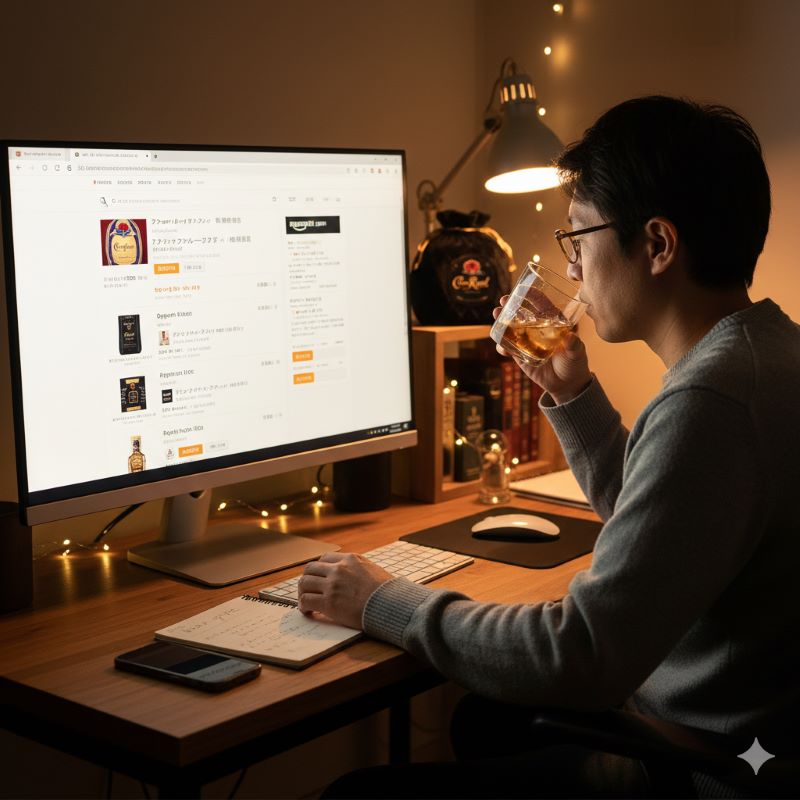 自宅のパソコンでクラウンローヤルの流通状況や在庫を調べる日本人の男性