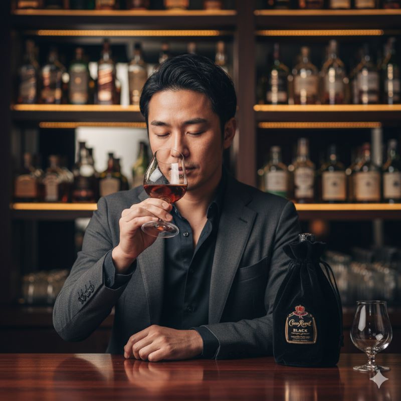 バーのカウンターでウイスキーの独特な香りと複雑な味わいをテイスティングする日本人男性