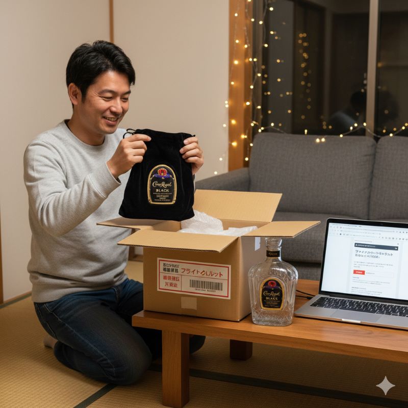 オンラインで購入した並行輸入品のウイスキーが自宅に届き開封する様子