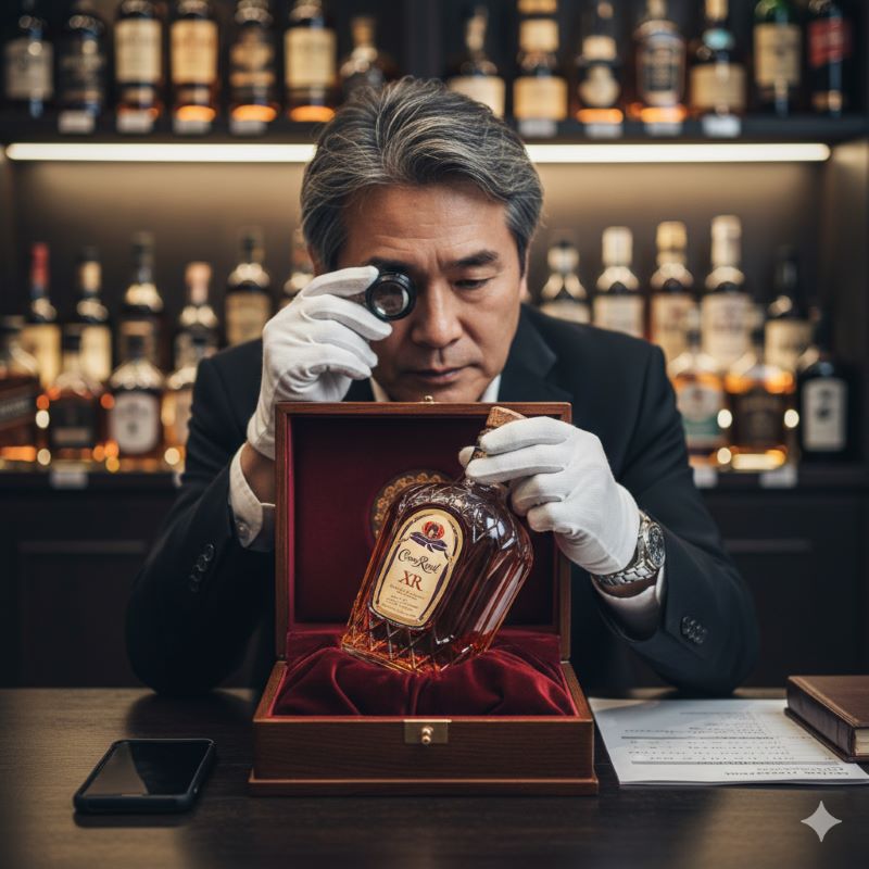白い手袋をして貴重なウイスキーボトルを慎重に鑑定・査定する日本人専門家