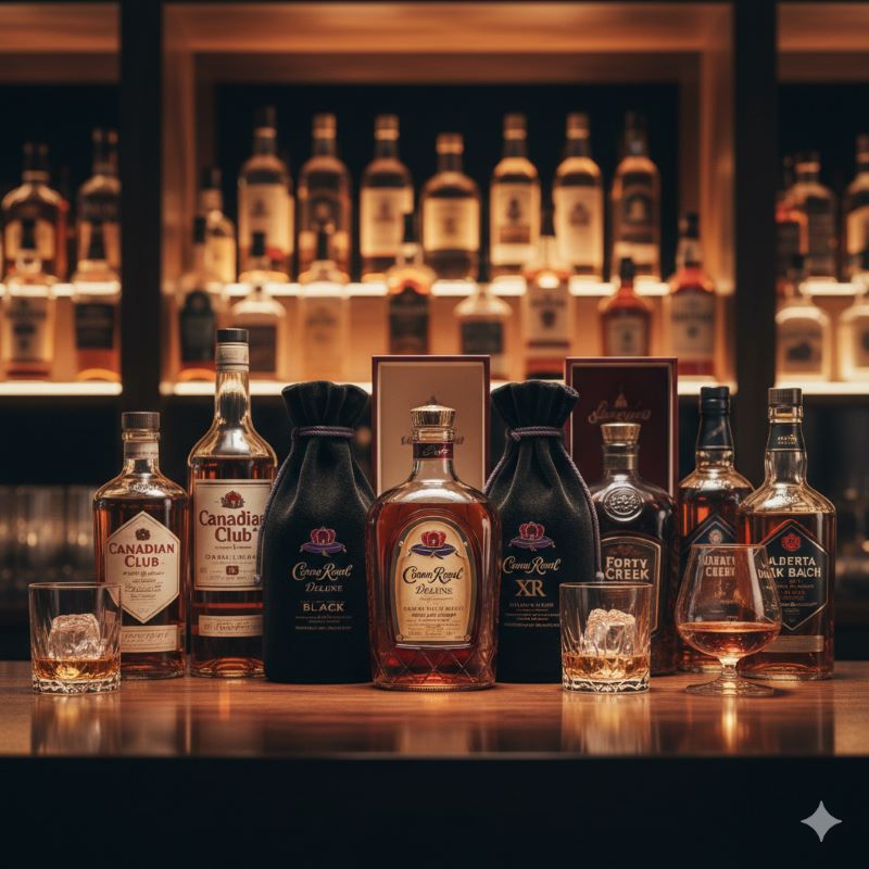 クラウンローヤルを含む多彩なカナディアンウイスキーのボトルが並ぶ、落ち着いた雰囲気のバーカウンター