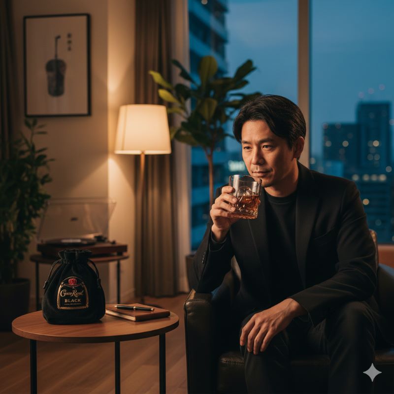 落ち着いた雰囲気のプライベート空間で、丸氷を入れたロックグラスと共に楽しむクラウンローヤル ブラックの上質な時間