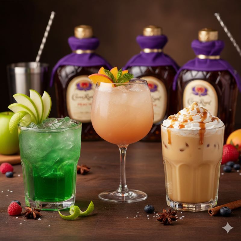 りんごや桃が添えられた爽やかなフレーバード・ウイスキーのカクテル