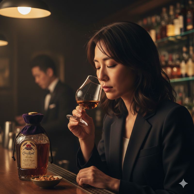 ウイスキーの香りと味を慎重に確かめる日本人女性