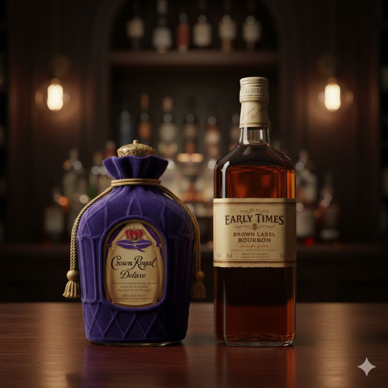 クラウンローヤルと他の終売銘柄の比較を象徴する2本のボトル